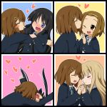  black_hair blonde_hair blue_eyes blush blush_stickers brown_hair chart closed_eyes fang forehead_to_forehead glomp hair_ornament hairband hairclip heart hime_cut hirasawa_yui holding_hands hug incipient_kiss k-on! kotobuki_tsumugi long_hair mokana_natsumi nakano_azusa school_uniform smile tainaka_ritsu twintails wavy_mouth wink yuri 