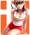  anegasaki_nene breasts brown_eyes brown_hair cleavage hooters love_plus short_hair short_shorts shorts solo yurikawa 