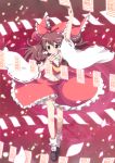  arm_up armpits blush bobby_socks bow brown_eyes brown_hair danmaku detached_sleeves flying hair_bow hair_ribbon hakurei_reimu japanese_clothes loafers massala midriff mouth_hold navel ofuda outstretched_arm ribbon shoes socks spell_card touhou 