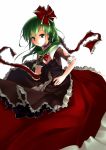  breasts choker cleavage cofepig dress frills front_ponytail green_eyes green_hair hair_bow hair_ribbon kagiyama_hina light_smile ribbon short_hair solo touhou 