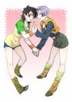  :d belt black_eyes black_hair blue_eyes blush bob_cut boots cast casual denim denim_shorts dragon_ball dragon_ball_z genderswap holding_hands kneehighs leaning_forward legs miniskirt multiple_girls open_mouth pinki raglan_sleeves short_hair short_shorts shorts silver_hair skirt smile socks son_goten standing t-shirt trunks_(dragon_ball) wristband 