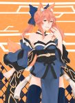  0218htt 1girl absurdres animal_ears blue_legwear bow breasts cleavage collarbone detached_sleeves fate/extella fate/extra fate_(series) fox_ears fox_tail hair_bow hair_ribbon highres japanese_clothes jewelry open_mouth pink_hair ribbon ring solo tail tamamo_(fate)_(all) tamamo_no_mae_(fate) yellow_eyes 