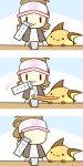  1girl :&gt; :3 baseball_cap brown_hair cafe_(chuu_no_ouchi) chibi cup faceless hat long_hair milk pokemon pokemon_(creature) pokemon_(game) pokemon_bw ponytail pouring raichu touko_(pokemon) ||_|| 