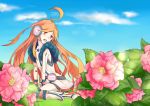  android argento cloud flower gloves headphones headset long_hair miki_(vocaloid) red_eyes red_hair redhead robot_joints sf-a2_miki sitting smile solo striped very_long_hair vocaloid 