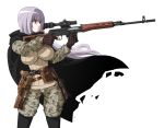  breasts cape dragunov_svd enoshima_iki fatigues fingerless_gloves gloves grey_eyes gun handgun holster impossible_clothes impossible_clothing impossible_shirt large_breasts legwear_under_shorts long_hair mauser_c96 military military_uniform operator original pantyhose pistol pouch rifle scope shirt shorts silver_hair simple_background sniper_rifle solo strap uniform weapon 