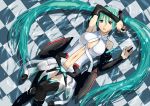  aqua_hair blue_eyes bridal_gauntlets center_opening checkered checkered_floor ganzyu_i hatsune_miku hatsune_miku_(append) long_hair lying miku_append navel necktie open_mouth solo submerged thigh-highs thighhighs twintails very_long_hair vocaloid vocaloid_append water 