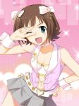  amami_haruka belt brown_hair choker cool_&amp;_sexy_(idolmaster) green_eyes hand_on_hip highres idolmaster idolmaster_2 number23 open_mouth short_hair skirt smile v_over_eye vest wink wrist_cuffs 