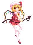  :d blonde_hair blush bow fang flandre_scarlet hat laevatein legs mary_janes open_mouth ratise red_eyes shoes side_ponytail simple_background skirt smile solo standing thigh-highs thighhighs touhou white_legwear white_thighhighs wings zettai_ryouiki 