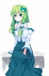 :t detached_sleeves frog green_eyes green_hair hair_ornament hanasaki_mahiru kochiya_sanae long_hair long_skirt pout sitting skirt snake touhou