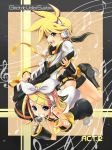  blue_eyes brother_and_sister grin hair_ornament hair_ribbon hairclip headphones headset heradset highres instrument kagamine_len kagamine_rin keytar microphone musical_note puspus ribbon short_hair siblings smile twins vocaloid 