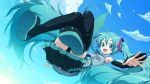  bare_shoulders blue_eyes clouds detached_sleeves falling feet hand hatsune_miku long_hair necktie open_mouth sky twintails vocaloid 