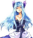  arm_hug bad_id bangs bare_shoulders blue_eyes blue_hair blunt_bangs breasts cleavage corset detached_sleeves dress gwendolyn hair_down hair_ornament long_hair odin_sphere open_mouth simple_background solo 