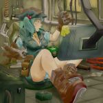  bad_id between_breasts blue_eyes blue_hair boots breasts cleavage gloves hair_bobbles hair_ornament hat itsuki-h kawashiro_nitori key legs mouth_hold panties pencil short_hair solo touhou twintails underwear unzipped wrench 