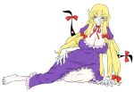  barefoot blonde_hair bow breasts cleavage elbow_gloves gap gloves hair_bow jon_henry_nam long_hair purple_eyes solo touhou violet_eyes yakumo_yukari 