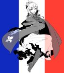  boots breasts cape crossed_arms crown dress fleur_de_lis formal france france_(hetalia) french_flag genderswap large_breasts monochrome oirbme pantyhose ponytail smile solo suit 