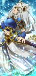  armor armored_dress blue_eyes helmet highres lenneth_valkyrie long_hair petals pochiharu pochiharu_(artist) silver_hair solo sword valkyrie_profile weapon 
