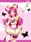  1girl bike_shorts blush boots cure_dream earrings eyelashes hair_ornament hair_ribbon hair_rings half_updo happy highres jewelry jumping kagami_chihiro long_hair looking_at_viewer magical_girl midriff navel open_mouth pink pink_background pink_eyes pink_hair precure ribbon shirt shorts shorts_under_skirt skirt smile solo yes!_precure_5 yumehara_nozomi 