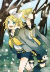  blonde_hair breath brother_and_sister buzz hair_ornament hair_ribbon hairclip headset kagamine_len kagamine_rin necktie outdoors outside ribbon sailor_collar short_hair shorts siblings smile sweater tree twins vocaloid walking 