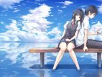  bench black_eyes black_hair book cloud clouds feet_in_water kurio legs long_hair original pleated_skirt profile reading reflection ribbon school_uniform sitting skirt sky soaking_feet water 