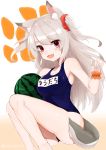  1girl absurdres animal_ears arm_up ass azur_lane claw_pose fang food fruit highres himono_hinata long_hair one-piece_swimsuit open_mouth red_eyes school_swimsuit scrunchie silver_hair smile solo swimsuit tail two_side_up watermelon wolf_ears wolf_tail wrist_scrunchie yuudachi_(azur_lane) 