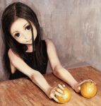  artist_request black_eyes black_hair brown_hair child derivative_work face food foreshortening fruit hands holding holding_fruit long_hair orange realistic smile table 