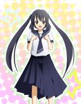  black_hair brown_eyes canary_(artist) k-on! long_hair nakano_azusa pleated_skirt school_uniform skirt smile solo twintails 