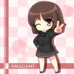  1girl amagami brown_eyes brown_hair chibi lowres school_uniform short_hair solo tanaka_keiko v wink ytis 