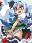  black_hair black_legwear black_thighhighs blush camera chacha_(tyatya) ghost green_eyes hairband hat konpaku_youmu konpaku_youmu_(ghost) leaf maple_leaf multiple_girls myon panties shameimaru_aya short_hair silver_hair skirt striped striped_panties tears thigh-highs thighhighs tokin_hat touhou underwear upskirt 