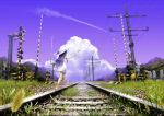  blue_hair cloud clouds condensation_trail contrail dress from_behind grass hat long_hair mocchi original power_lines railroad_crossing railroad_tracks sandals sky solo sun_hat sundress walking 