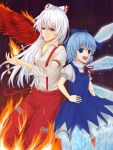 blue_hair cirno fiery_wings fire fujiwara_no_mokou ice multiple_girls open_mouth ri_shizuku silver_hair touhou wings 