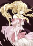  blonde_hair bow brown_eyes choker darkness detached_sleeves dress elbow_gloves flower gloves hair_flower hair_ornament hands_together jewelry lampnote17 long_hair pandora_hearts pink_dress ponytail sharon_rainsworth solo white_gloves 