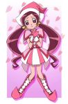  boots cherry_blossoms color_connection company_connection cosplay female fukushima_masaru hanasaki_tsubomi harukaze_doremi harukaze_doremi_(cosplay) hat heartcatch_precure! jpeg_artifacts long_hair ojamajo_doremi pink_background precure red_eyes red_hair redhead sakura_petals solo toei_animation twintails witch witch_hat 