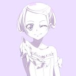  1girl bare_shoulders bust dokidoki!_precure highres iyakun kenzaki_makoto monochrome outstretched_arm outstretched_hand precure purple_background short_hair simple_background smile solo wink 