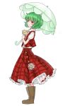  1girl ascot boots collared_shirt frilled_skirt frills from_side full_body green_hair highres kazami_yuuka long_skirt looking_to_the_side parasol peter plaid plaid_skirt plaid_vest red_eyes short_hair simple_background skirt smile solo touhou umbrella white_background 