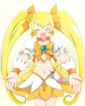  :d ^_^ blonde_hair blush closed_eyes cure_sunshine detached_sleeves dress earrings female heartcatch_precure! jewelry long_hair magical_girl massala myoudouin_itsuki open_mouth outstretched_arms precure skirt smile solo twintails very_long_hair white_background yellow yellow_dress 