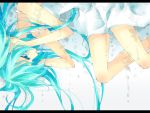  aqua_eyes aqua_hair bad_id bare_shoulders colored_eyelashes covering_ears dress eyelashes hatsune_miku legs letterboxed long_hair lying natsuki0910 on_side sleeveless solo tears twintails upside-down very_long_hair vocaloid white_dress 