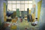  cat funaoka original painting room school_uniform serafuku sitting solo umbrella window 