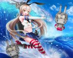  &gt;:d 1girl :d anchor_hair_ornament black_panties blonde_hair blue_skirt blue_sky c.m.h elbow_gloves full_body gloves hairband highleg highleg_panties kantai_collection knees_together_feet_apart long_hair microskirt midriff navel neckerchief ocean open_mouth outdoors panties pleated_skirt rensouhou-chan school_uniform serafuku shimakaze_(kantai_collection) skirt sky sleeveless small_breasts smile solo striped striped_legwear thigh-highs underwear very_long_hair waves white_gloves yellow_eyes 