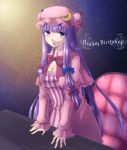 breasts cleavage crescent crescent_moon geike happy_birthday hat long_hair patchouli_knowledge purple_eyes purple_hair solo touhou violet_eyes 