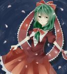  bow breasts dress floating frills green_eyes green_hair hair_bow hair_ribbon kagiyama_hina miuaka1997 petals ribbon solo touhou water 