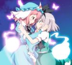  aqua_eyes blush butterfly chin_grab eye_contact ghost glowing hat hitodama konpaku_youmu konpaku_youmu_(ghost) massala multiple_girls myon pink_eyes pink_hair saigyouji_yuyuko short_hair silver_hair touhou yuri 