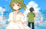  back black_hair city cityscape cloud clouds contemporary dress face food fruit green_eyes green_hair gumi hair_ornament hairclip holding komine lemon open_mouth power_lines rooftop short_hair sky standing vocaloid 