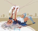  alice_in_wonderland apron blood blood_on_face blood_stain blood_stains blue_eyes bunny dark_skin lying neptune_(artist) open_mouth rabbit silver_hair simple_background striped striped_legwear striped_thighhighs thigh-highs thighhighs white_rabbit 
