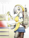  1girl apron baking black_legwear blue_eyes blush breasts counter cowboy_shot d: dough from_side hair_ornament hair_over_one_eye hairclip hamakaze_(kantai_collection) holding indoors kantai_collection kitchen looking_at_viewer looking_to_the_side mecha_musume microwave miniskirt mixing_bowl open_mouth pantyhose pleated_skirt short_hair short_sleeves silver_hair sketch skirt solo suke_a_kuro_suke thigh_strap tiles whisk 