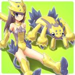  1girl blue_eyes boots choker galvantula gloves helmet leotard moemon personification pokemon pokemon_(creature) pokemon_(game) pokemon_black_and_white pokemon_bw shoes sitting spider tenjou_ryuka 