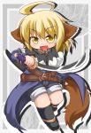  ahoge animal_ears belt blonde_hair capelet chibi dog_ears dog_tail fang katana kneehighs kuroneko_liger original sandals short_hair socks solo sword tail weapon yellow_eyes 