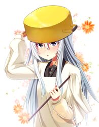  1girl aqua_hair blue_eyes blush bust cooking_pot duster flower hibiki_(kantai_collection) kantai_collection kappougi long_hair looking_at_viewer parted_lips pot pot_on_head reitsuki_kazuma school_uniform solo white_background 