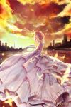  1girl artist_name blonde_hair bridge butterfly city cityscape clouds cloudy_sky dress elbow_gloves fate/stay_night fate_(series) gloves green_eyes highres lamppost light_particles looking_to_the_side magicians_(zhkahogigzkh) orange_sky reflection river saber sky smile solo sunset tagme tower wedding_dress white_dress 