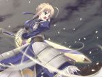  blonde_hair fate/stay_night fate_(series) green_eyes petals saber satomi short_hair sky sword wallpaper weapon 