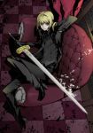  ahoge armchair blonde_hair checkered checkered_floor crossdressinging excalibur fate/stay_night fate/zero fate_(series) formal gloves green_eyes long_hair miwa_shirou miwa_shirow on_side pant_suit ponytail saber solo suit sword type-moon waistcoat weapon 